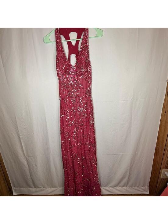 Adrianna Papell Dresses & Skirts - Adrianna Papell Gown Womens Size 8 Pink Sequin Halter Maxi Deep V Back Cutout